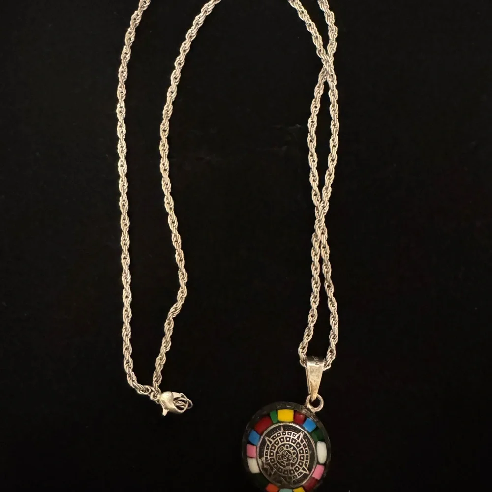 Vintage Sterling Silver Multicolor Aztec Chime Pendant Necklace - Signed Mexico